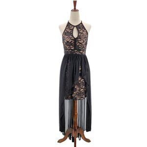 NWT Morgan & Co. Lace High Low Fitted Black Tan Evening Wear Dress Womens 3-4